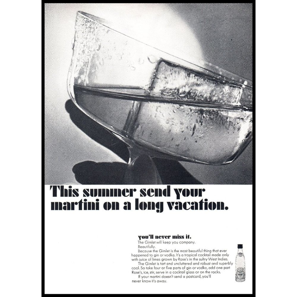 1965 Rose's Lime Juice Mixer Vintage Print Ad Vodka Gin Gimlet Wall Art Photo